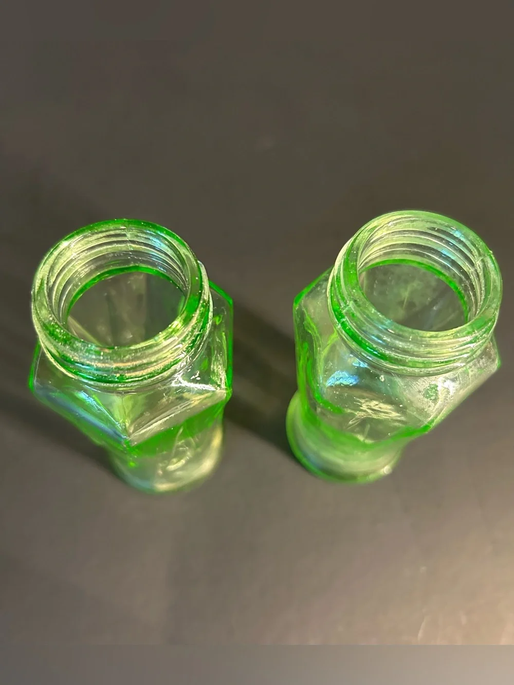 Hazel Atlas Green Uranium Glass Salt & Pepper Shakers